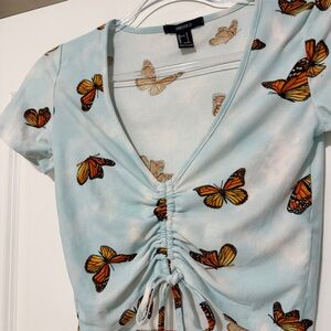 Y2K Blue Skies & Butterflies Print Ruched Crop Top Sz S